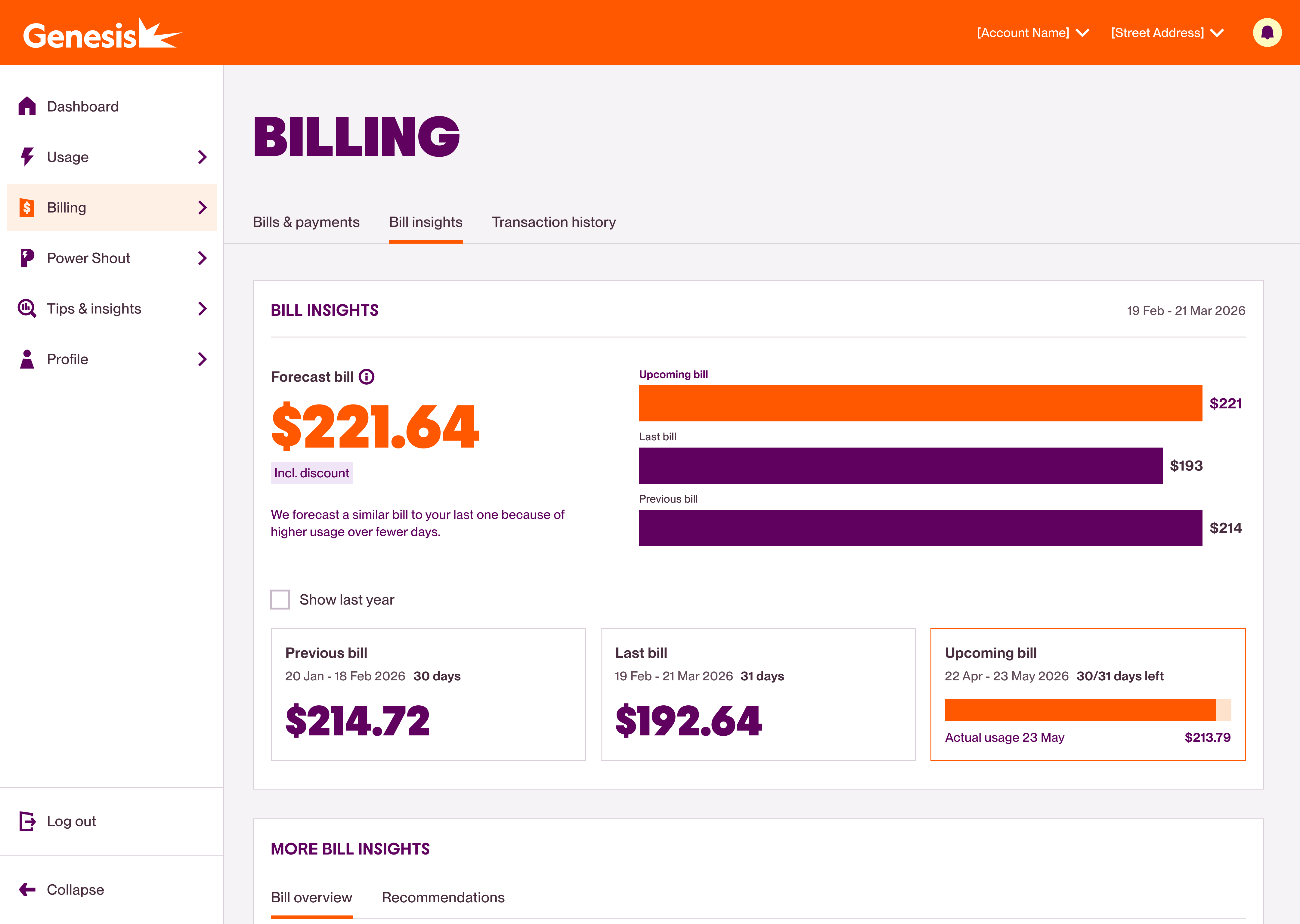 Genesis web app bill insights screen