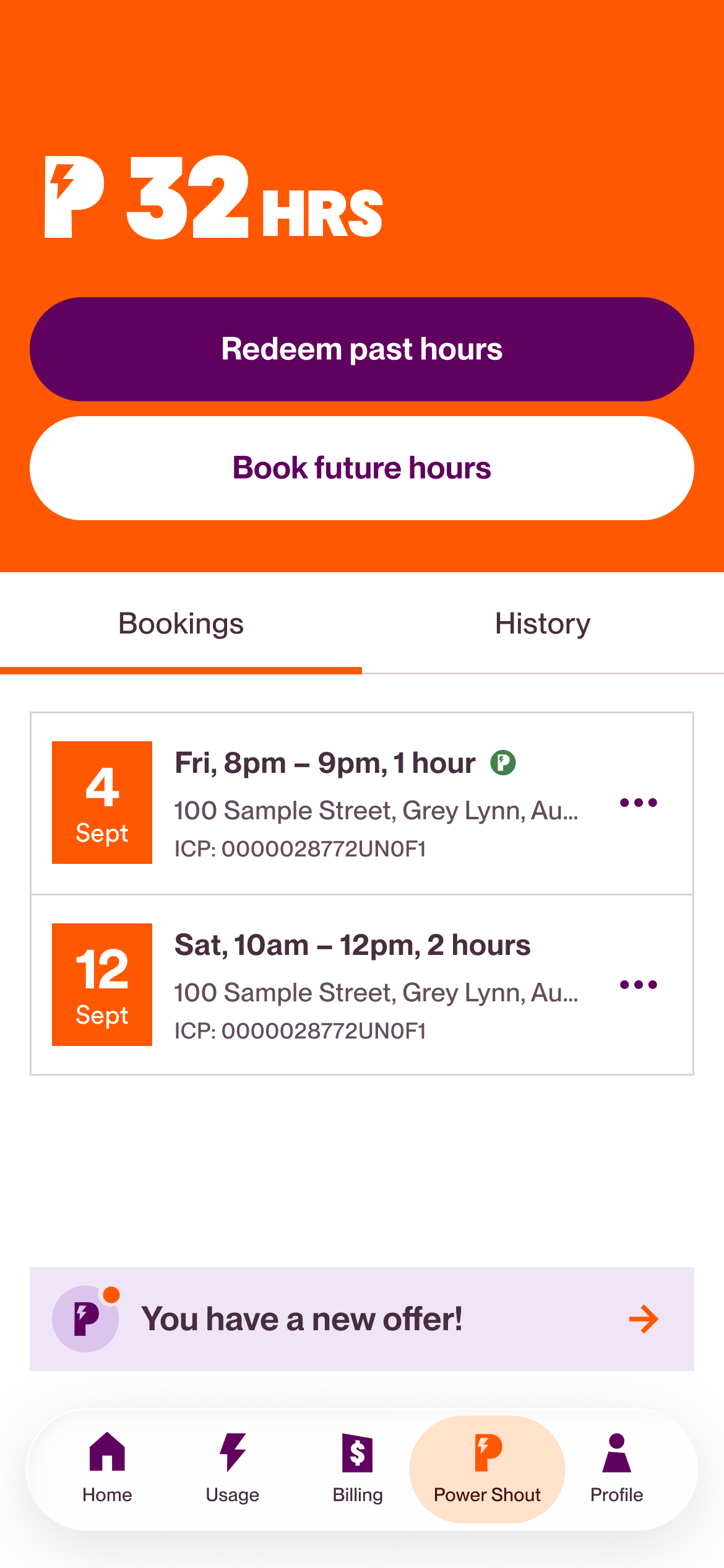 Genesis Power Shout bookings screen